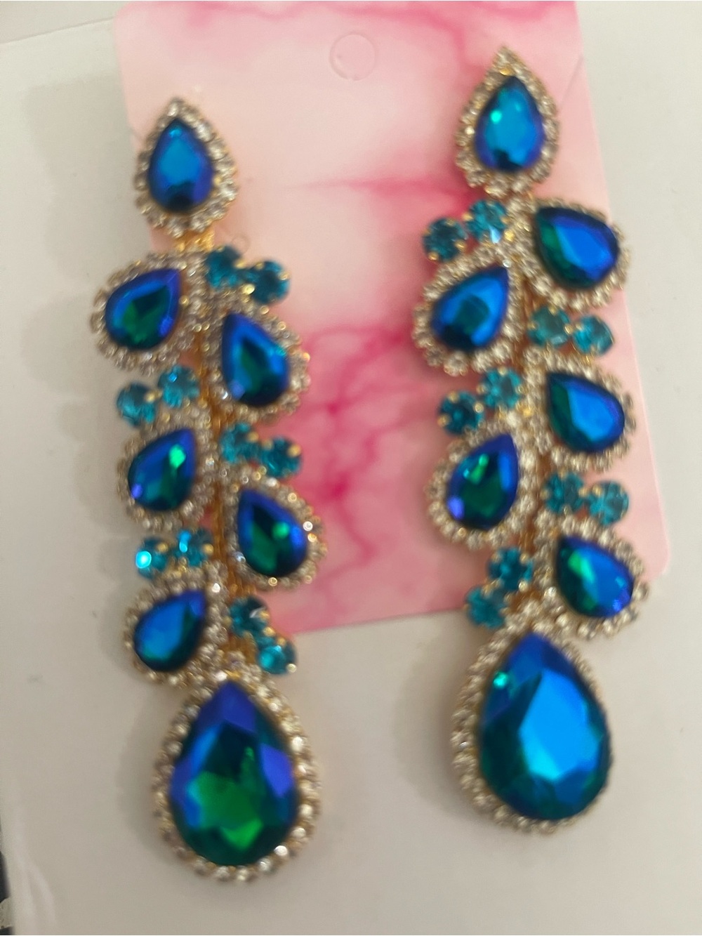Gold-Tone Teardrop Earrings with Blue-Green Crystals